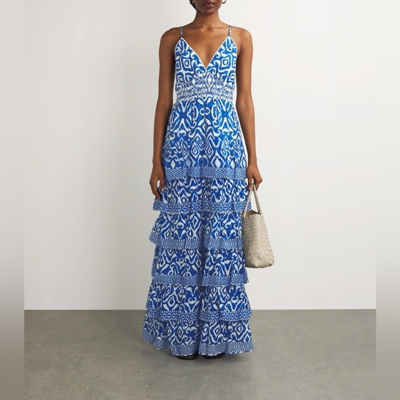 NWT Caroline Constas Blue and White Geometric Ikat Maxi Dress in size Large - Picture 6 of 10
